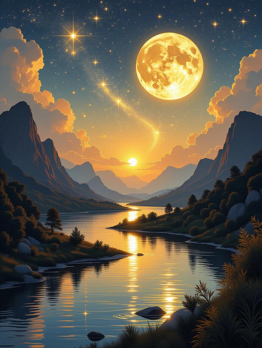 Silver river flows through a night scene filled with golden light. Mountains rise majestically under a vast sky. A large glowing moon hangs above, illuminating the landscape. Stars sparkle in the background, creating an ethereal atmosphere. Elements of fantasy and myth intertwine throughout the scene.