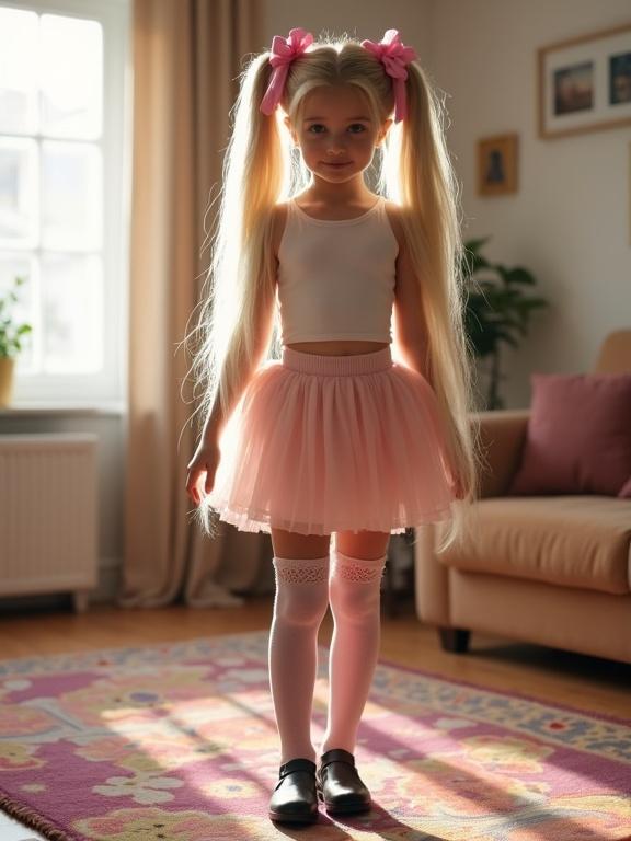 A teen with long blonde twin tails and pink bows stands in a colorful rug. She wears a cropped top, a pale pink mini skirt, and thigh-high socks with lace detail. Simple black shoes complement her outfit in a soft-lit living room.