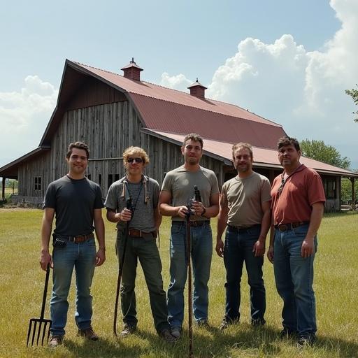 Five ham radio operators stand in front of a modern hip roof barn. They hold pitchforks and walkie talkies. Group appears nerdy. Barn has a unique design. Bright sunny day enhances the scene.