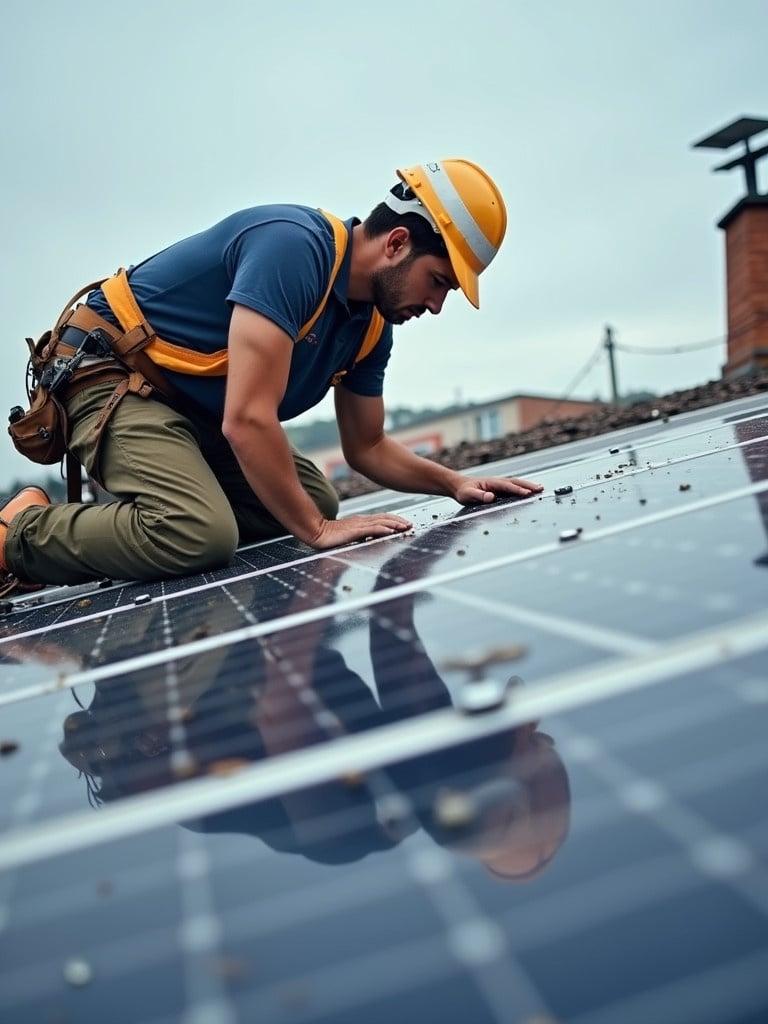 Solar panel installer works on a roof. Panels appear damaged and poorly installed. Worker lacks helmet and safety gear. Plainly dressed. Focus on installer's actions with broken panels. Very bad job.