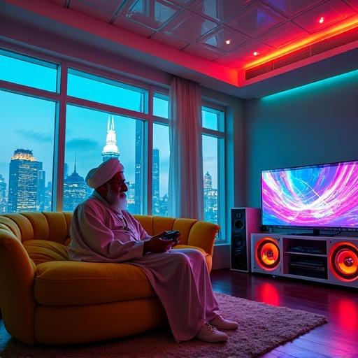 Futuristic gaming room with a cozy feel featuring neon yellow couch. Person playing video games. High-tech gadgets and RGB lights present. Skyscrapers visible through large windows.
