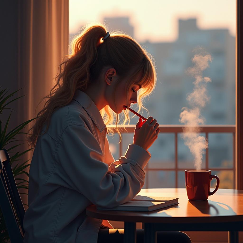 A young girl sits on a balcony, deeply focused on her studies. She has a coffee mug with vapor rising from it in front of her. The warm golden light of sunset illuminates her profile as she writes in a notebook. Her hair is tied back in a loose ponytail, creating a relaxed vibe. The background shows a slightly blurred cityscape, enhancing the cozy urban setting. This scene captures the essence of studying with a touch of calmness and inspiration.