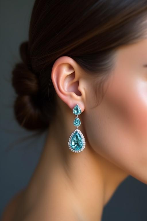 Ultra-high-resolution image of a female model wearing pear-cut aquamarine drop earrings. Model has olive skin and dark brown hair in an elegant updo. Earring details highlighted with perfect color saturation. Model wearing black off-shoulder top. Background dark grey. Studio lighting used.