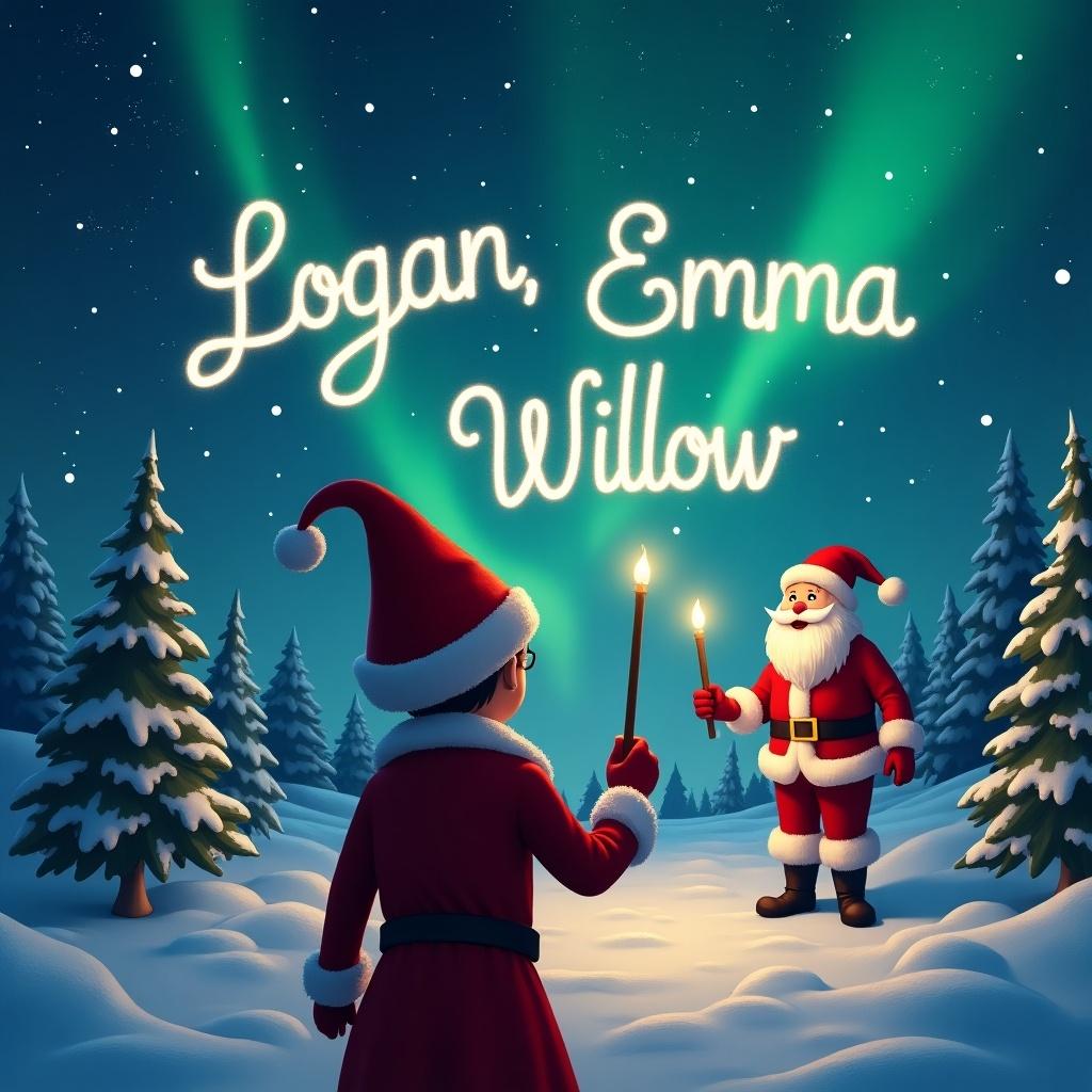 Elf with back facing camera. Elf looks at sky. Elf uses wand to create names. Background shows a Christmas scene. Northern lights are visible. Santa Claus stands in front of the elf. Names Logan, Emma, and Willow glow in the sky.