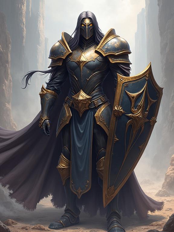 Masterpiece isekai character stands tall wearing mystic armor and holding a big shield. The character features an anime style, set in a fantastical environment.