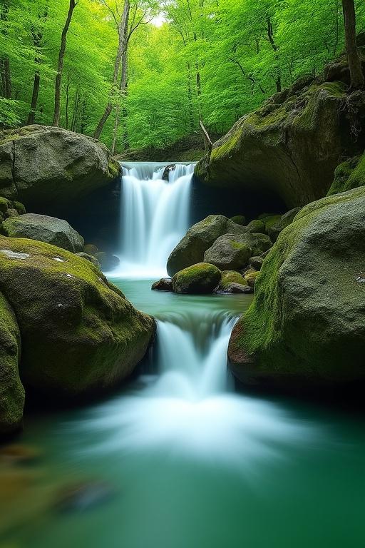 Waterfall cascades over mossy rocks into crystal-clear water. Dense green foliage surrounds water's edge. Soft, flowing motion captured with shallow depth of field. Emerald water reflects lush surroundings. Rocks vary in size with smooth and rough textures. Natural, diffused lighting casts soft shadows. Wide landscape composition with low-angle view focusing on waterfall. Rich colors of greens, blues, and browns create a serene mood. Organic shapes and textures dominate. Realistic style emphasizes water transitions and light interplay on rocks.