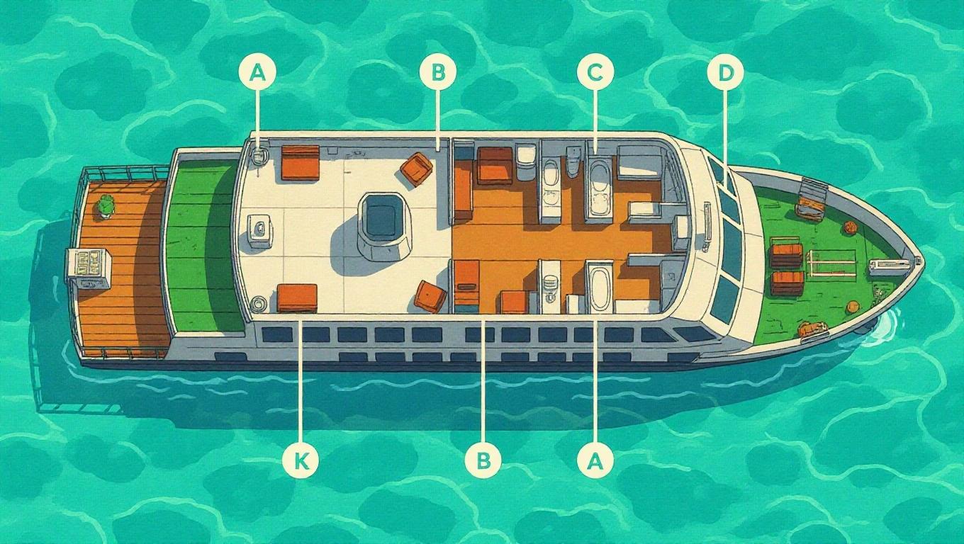 Comic-style top-down illustration of a modern ferry ship. Four labeled decks A, B, C, D. Deck A is an open-air deck with kiosk and benches. Deck B has hallways, bathrooms, and cabins. Deck C is mostly bathrooms. Deck D has a maintenance room and one bathroom. Clear staircase connects all decks. Ship floats on tropical blue sea. Clean functional layout. Shaded 3D perspective. Labels visible. Stylized like Western European comic, bold ink lines, flat colors.