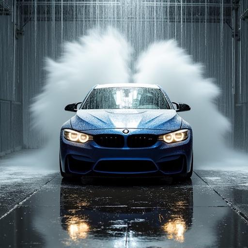 Car undergoing a wash in a modern facility. Water sprays from all sides creating dynamic effects. Bright lighting enhances the clean appearance of the vehicle. Focus on a blue sports car with sleek design.