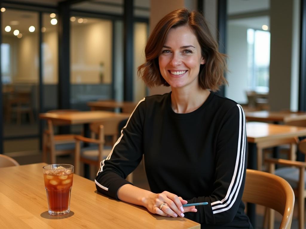 The image shows a woman sitting at a wooden table in a modern cafe or lounge space. She has short brown hair and is wearing a black top with white stripes on the sleeves. A glass of iced tea is placed in front of her on the table. The background features large glass panels and minimalistic wooden furniture, reflecting a contemporary design. The lighting is warm and the setting appears inviting and relaxed.