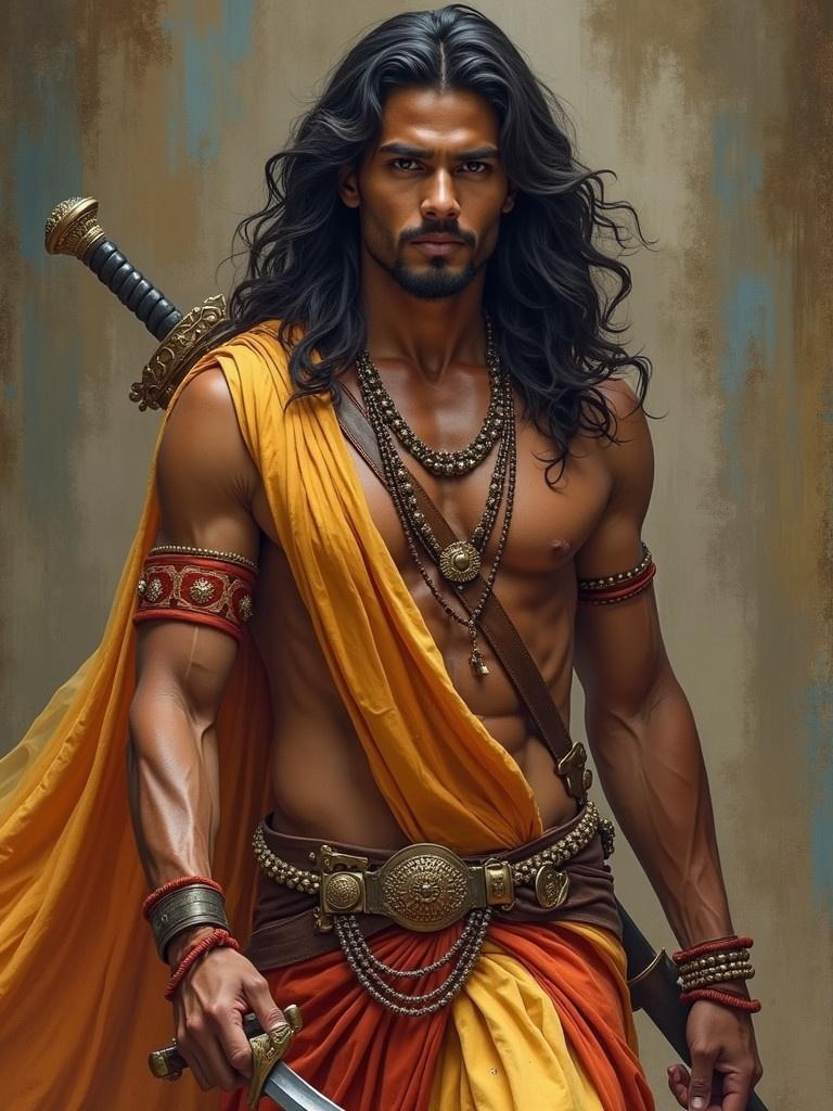 19 year old Indian prince with athletic build wearing royal warrior attire. Long hair loose, carries a sword with overconfidence. Represents flamboyant style.