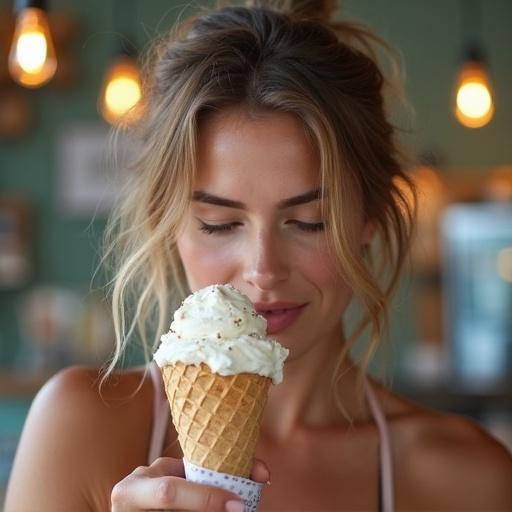 Woman enjoying ice cream cone amidst a cozy setting. She has light brown hair and is focused on the ice cream. The background is soft-focused with warm lights.