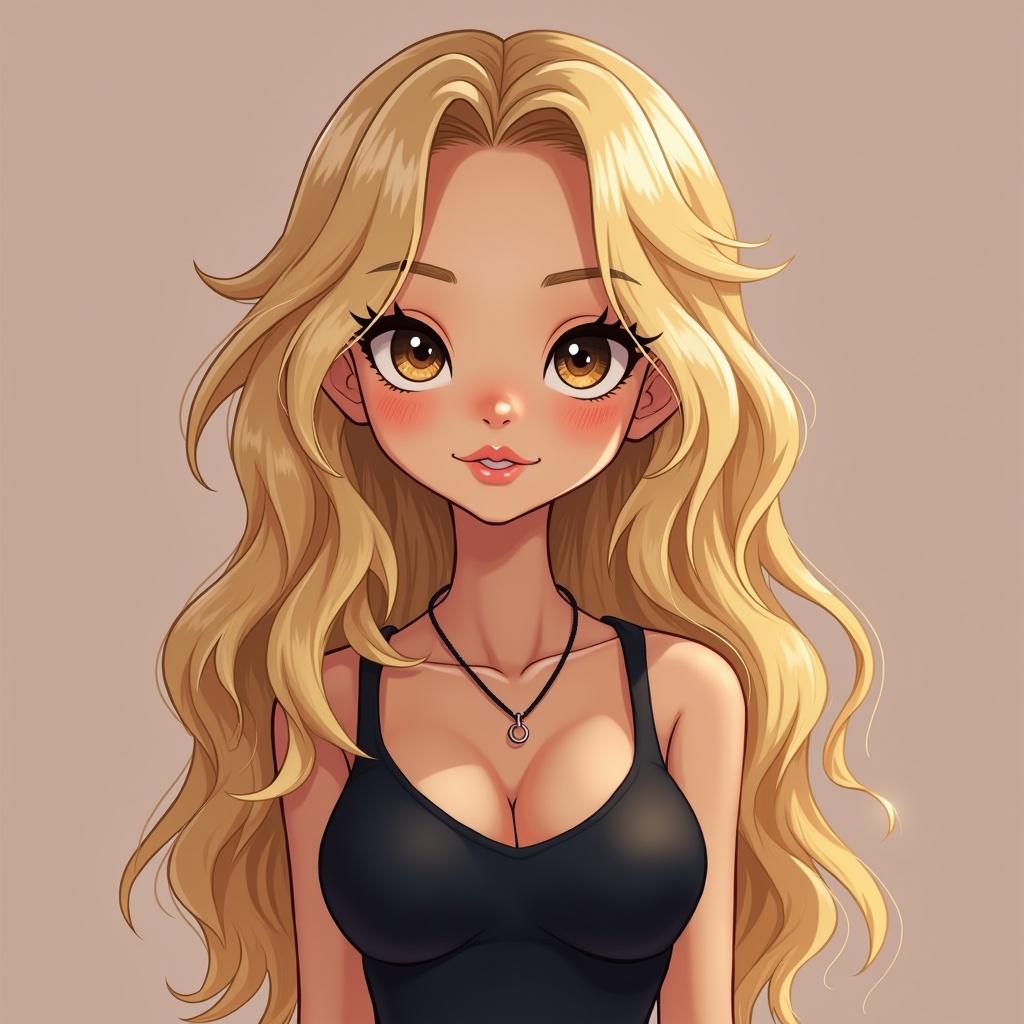 Blonde girl with long hair. Casual black outfit with a necklace. Portrait in anime style. Fashionable appearance.