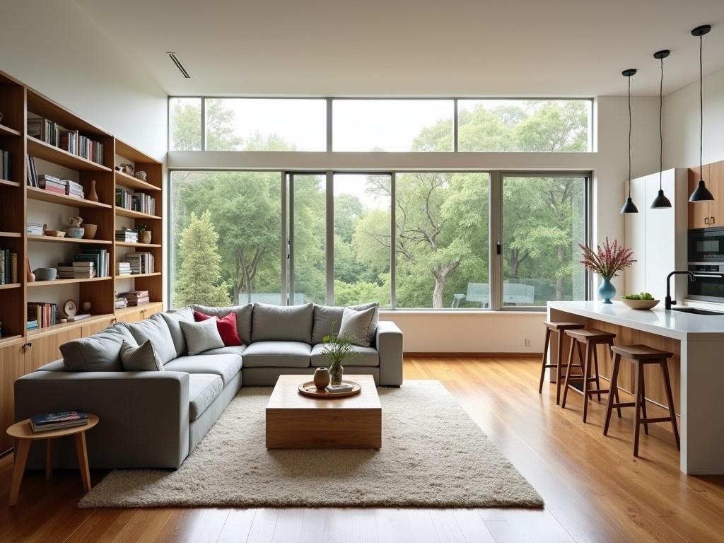 The image depicts a spacious modern living room and kitchen area. The room is filled with natural light coming through large windows that show greenery outside. Plush gray sofas are arranged comfortably around a light wooden coffee table. There is a cozy area rug on the polished wooden floor. On one side, tall bookshelves are filled with books and decorative items. The kitchen features modern appliances and a sleek white island with bar stools. Soft, inviting colors create a warm and welcoming atmosphere.