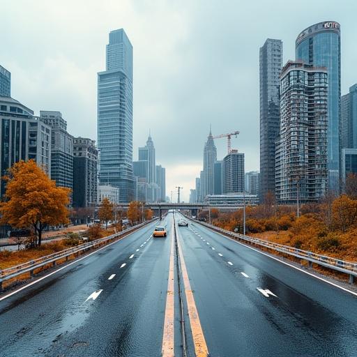 An urban landscape with a road leading towards skyscrapers. The scene shows construction works ongoing around the area. The weather appears overcast. The city skyline is modern with a mix of completed and under construction buildings.