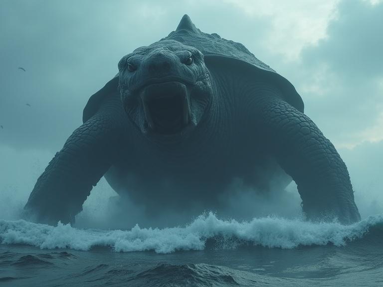 Dark cinematic scene featuring a giant turtle emerging from stormy ocean waters. Turtle has a large, textured shell and tusks. Scene includes turbulent waves, mist, and cloudy skies. Emphasizes atmosphere and large scale.
