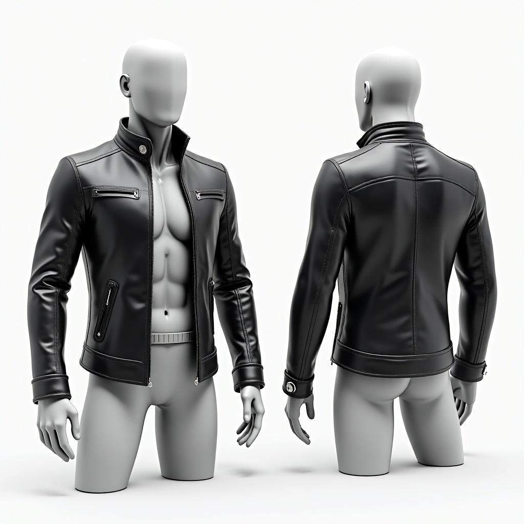 3D art model of a smart jacket. Jacket shown from front, both sides, and rear view. Made of leather and eco-friendly materials. Features weather-responsive technology and sensors with battery supply.