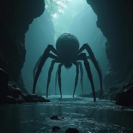 Extreme wide shot of a huge dark cave with shadows. A massive creature with a human-like upper body and spider-like lower body rises from the water.