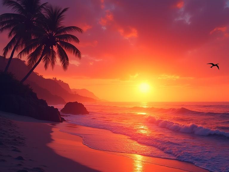 Sunset at a beach scene with intense orange to purple gradient sky. Silhouetted palm trees located on the left side of the image. Bright reflective waves visible in the foreground. A stray seagull appears in the upper right providing a sense of motion.