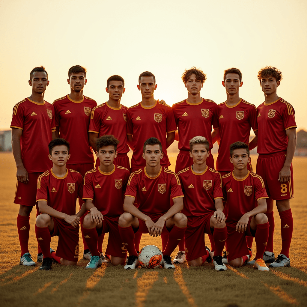 The image captures a group of eleven young male soccer players posing proudly in two rows on a grassy field during sunset. They are dressed in matching red jerseys and shorts with yellow accents and have a badge on the left chest. The front row, consisting of five players, is kneeling, while the back row of six players stands confidently. A soccer ball is placed on the ground in the center, in front of the kneeling players. The warm glow of the setting sun casts a golden hue over the scene, creating elongated shadows and highlighting the players' expressions of camaraderie and determination.