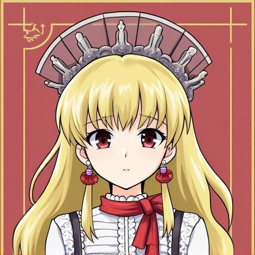 Illustration of a character from Rozen Maiden. Character has long blonde hair and an ornate headpiece. Background is red with decorative elements.