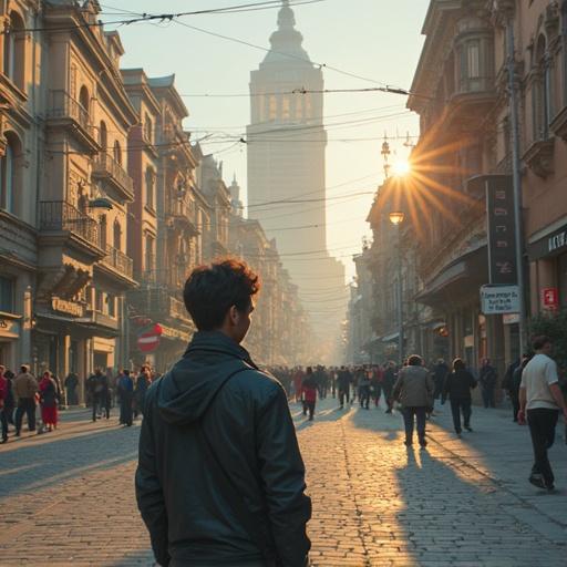 City street in the early morning with people walking. A person stands alone, looking ahead. The background shows buildings illuminated by soft golden light and a distant tower.