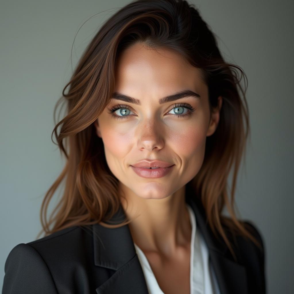 Elegant portrait of a young woman with smooth brown hair and striking blue eyes. She wears a neutral-toned blazer, reflecting professionalism and confidence. Minimalistic background with light and neutral tones emphasizes her face and direct gaze at the camera. Photorealistic style, high resolution, sharp focus, delicate details in skin and hair. A warm, approachable, and sophisticated appearance conveying intelligence and innovation.