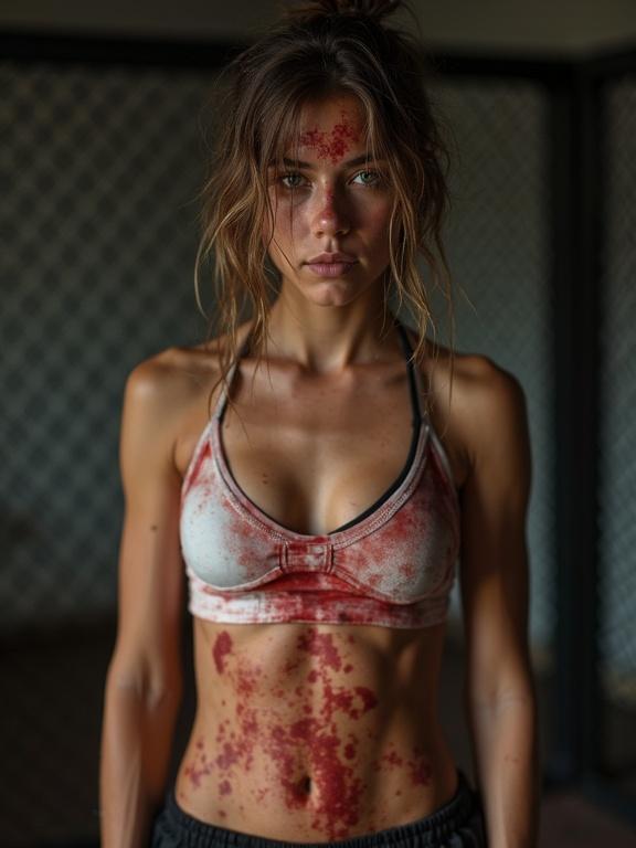 Photo of a young skinny female Thai boxer with visible abs. Body has blood stains. Hair looks dirty and messy. Display intense expression and athletic build.