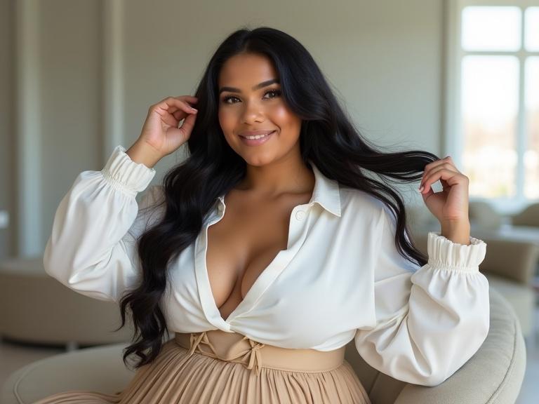 A plump athletic young Mexican woman sits in a bright modern room. She wears a white cleavage blouse and a beige pleated midi skirt with a light brown belt. She has long black hair and a pleasant expression with a slight smile. The woman plays with her hair and maintains a relaxed posture. The room features light-colored furniture and a window.