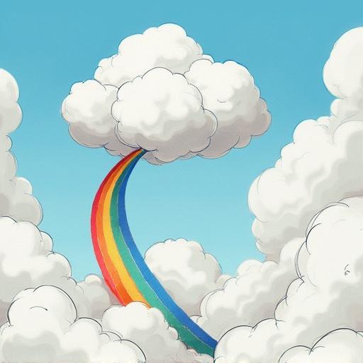 Puffy cloud explodes in laughter launching rainbow across the sky. Silly surreal sketch style with vivid colors.