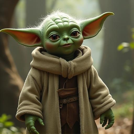 Image depicts a character resembling Yoda wearing a robe in a forest setting. Character has large ears and a friendly demeanor. Natural environment around character shows trees and soft lighting.
