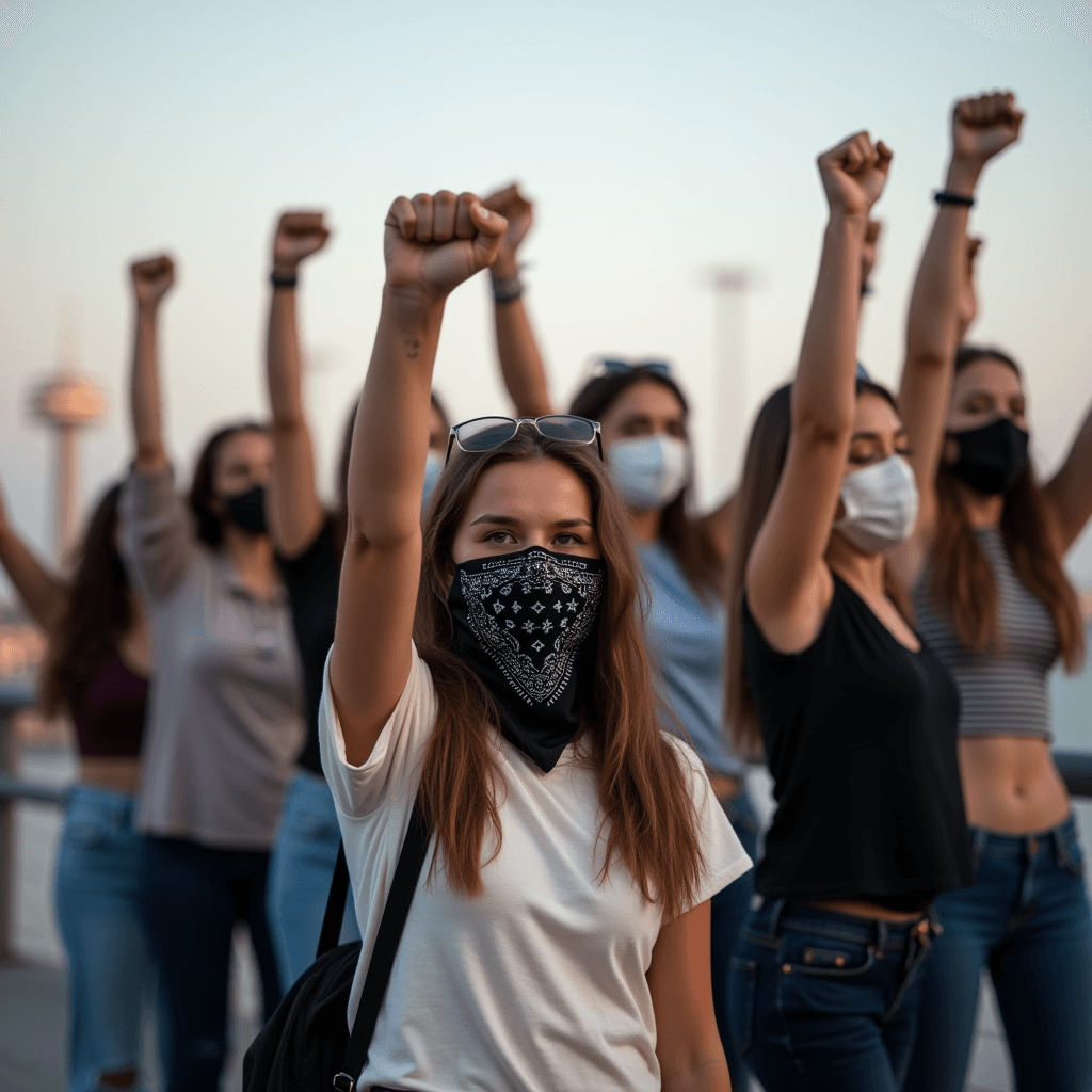 A group of people with raised fists, wearing masks, stand in a show of solidarity.