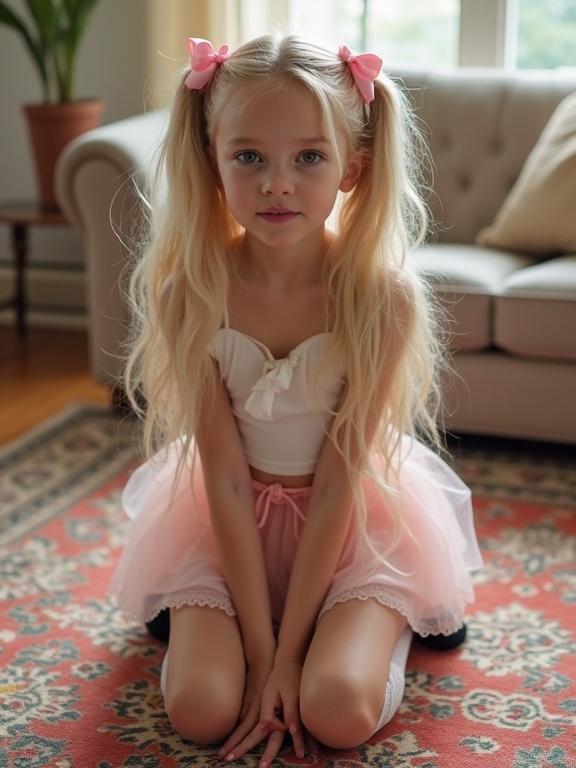 Young girl with long blonde hair in twin tails wearing pink bows kneels on a colorful rug in a softly lit living room. She smiles flirtatiously and wears a crop top and pale pink skirt with thigh-high socks and black shoes. Low resolution with pixelation and color saturation.