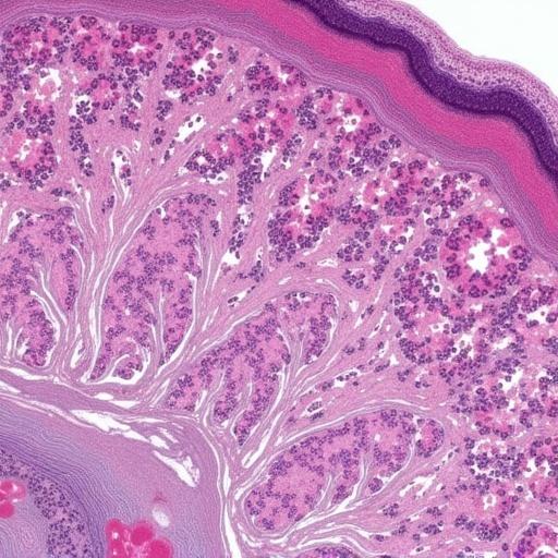 Histological section of liver stained with hematoxylin and eosin shows detailed microscopic structures. Liver tissue exhibits branching structures with different cell types.