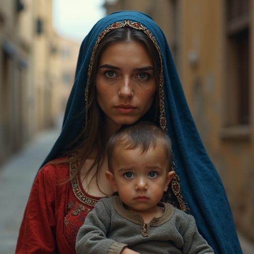 Realistic portrait of a Middle Eastern young mother holding her child in her arms. Damaged urban background. Cinematic atmosphere. Traditional clothing in blue and red. Intense yet peaceful expressions. Natural light with photographic details. Well-defined hands and proportionate fingers. Balanced composition.
