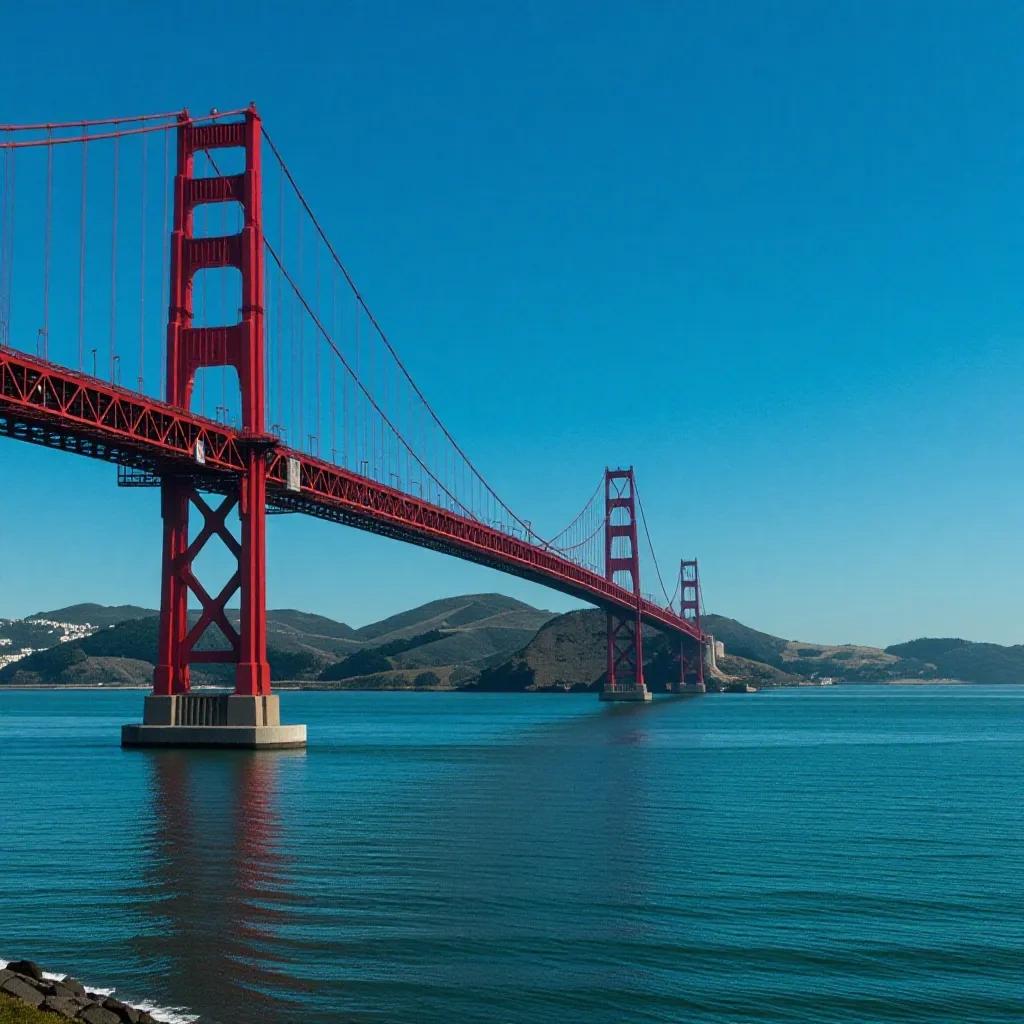 Scenic view of a red suspension bridge over tranquil water. Clear blue sky and hills in the background.