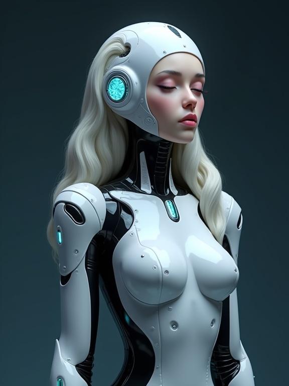 Highly detailed CGI rendering of a futuristic female android with curvaceous physique. Bodysuit is white and black, glossy with intricate detailing and glowing blue accents. Pale, smooth skin, delicate feminine face with closed eyes. Long platinum-blonde hair. Sleek helmet integrated with bodysuit, dark blue gradient background.