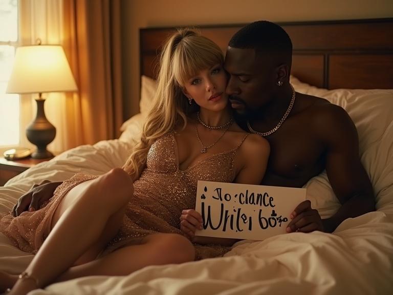 Taylor Swift films a music video with her boyfriend in a motel room. A gorgeous slender woman dressed in a sparkly prom dress lies on a bed. Holding a sign that says 'No Chance White Bois'. Warm lighting enhances the intimate atmosphere.