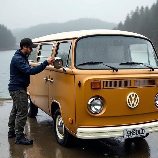 Young lad and dad working on tan Volkswagen van at hydro electric dam. Dad waxing front of van. Lad waxing driver side door.