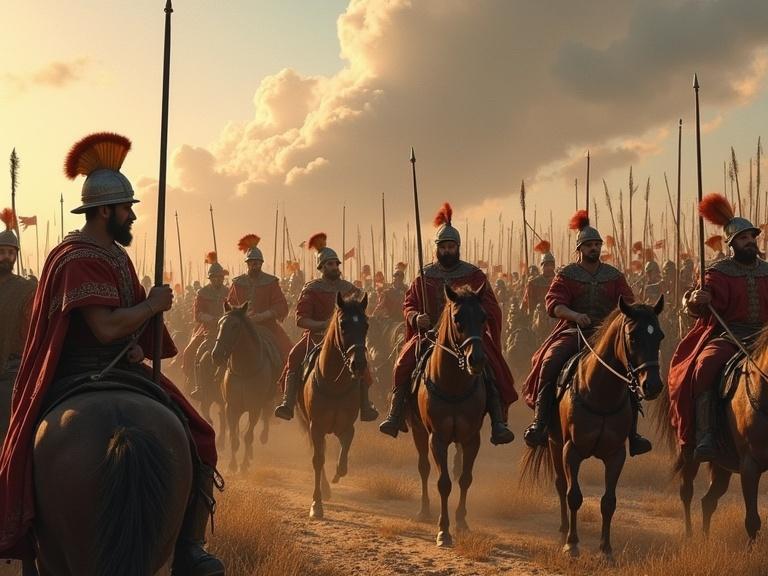 Year 844 setting showing King Ramiro I and his men in a tense situation surrounded by a larger army. A historical scene depicting horsemen in armor.
