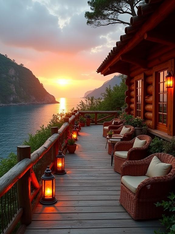 Scenic view of mountain lodge with wooden terrace at sunset by the sea. Chairs and lanterns create a cozy ambiance. Lush greenery frames the setting. Calm water mirrors the sunset colors. Rustic charm with natural materials.
