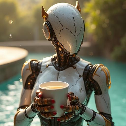 A Transformers girl robot holds a coffee cup close to her chest in a hot spring during a bright morning. Long shadows on her face give depth. Shallow depth of field with bokeh effects. Translucent skin appears angelic.
