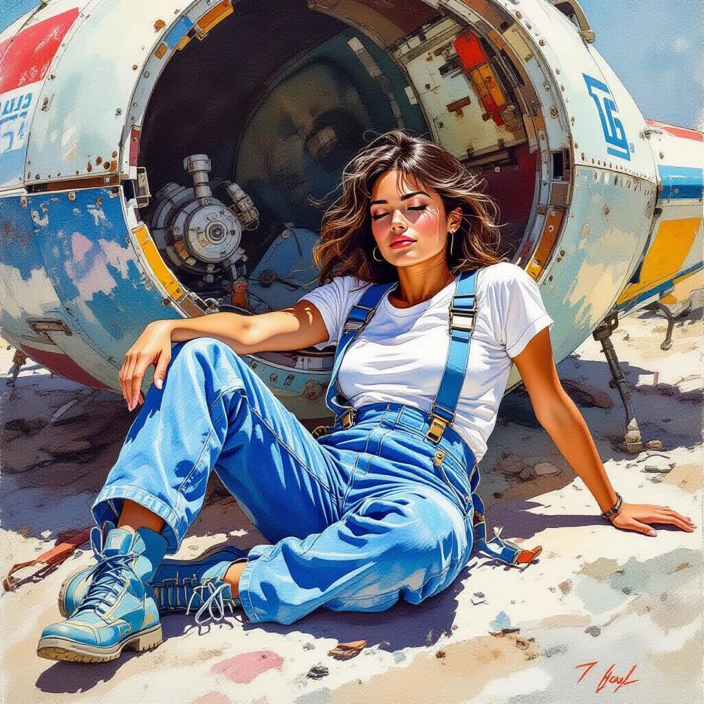 A Latina female space trucker sits casually wearing blue coveralls and a white t-shirt. She is positioned on her left side next to a wrecked welding pod. The image is colorful and detailed, featuring a ground-level view that emphasizes the wreckage behind her. The artistic style resembles Gifford Beal's watercolor techniques.