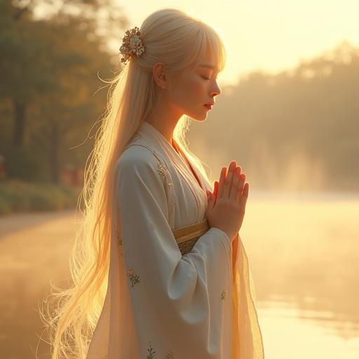 A semi-realistic portrait of an 18-year-old woman embodying divine light and Japanese grace. She stands with her hands in prayer at her chest, eyes closed. Pale golden hair glows softly. Wears ceremonial robes in white, gold, and faint crimson with sacred patterns. Surrounded by a gentle halo in a mystical lakeside setting. Focus on emotional depth and sacred ambiance.