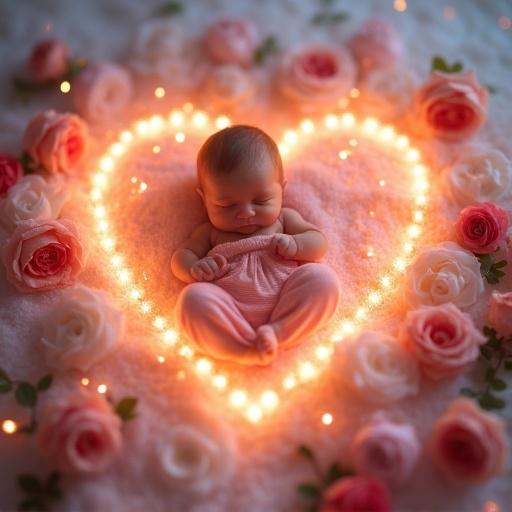A baby lies in the center of a glowing heart. The heart is formed by sparkling lights. Surrounding the heart are pastel flowers and roses. The setting creates a warm and inviting ambiance. The composition emphasizes the innocence and beauty of the baby.