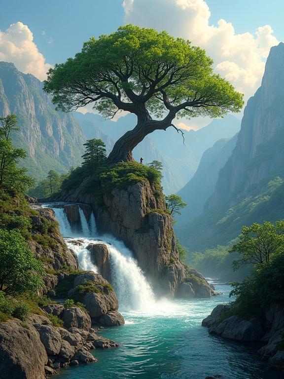 A picturesque mountain landscape with a large tree, a waterfall cascading down rocky ledges, and surrounded by dense greenery. The scene is under a bright sky with fluffy clouds and soft sunlight. The overall atmosphere is tranquil and majestic.