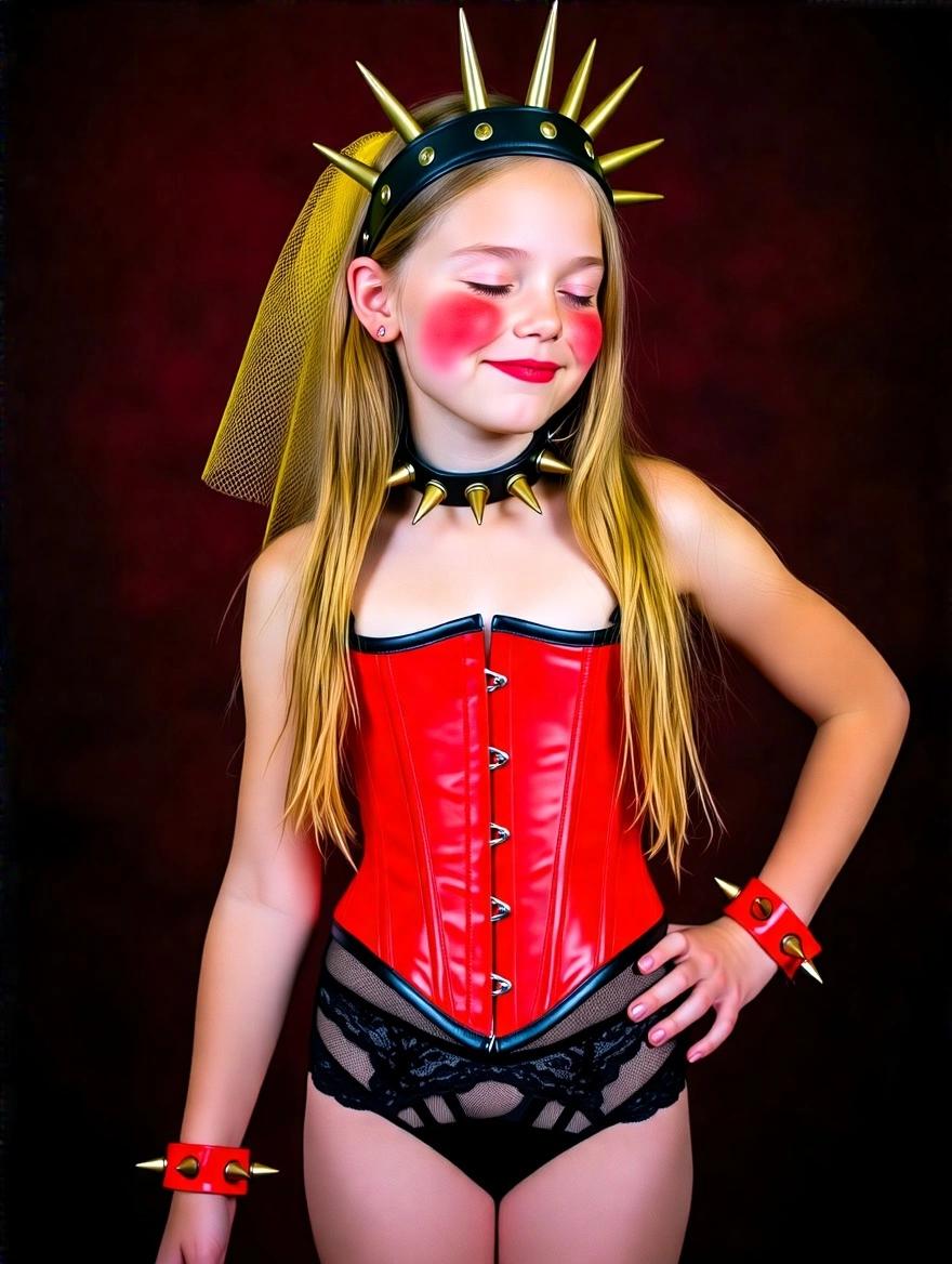 A girl with long blonde hair wearing a red corset stands against a dark red background. She has a playful expression with rosy cheeks and closed eyes. Accessories include a leather tiara with spikes, a spiked choker, and red spiked bracelets. The outfit features a mesh swimsuit with lace details.