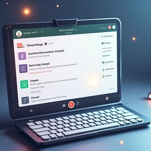 A digital representation of a desktop app interface on a laptop. The screen displays various tabs and settings. The laptop has a sleek design with a modern keyboard.
