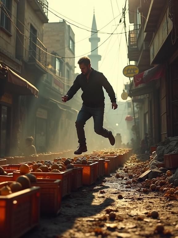 Cinematic scene of a man leaping over crates of fruit in an Istanbul street. Background features distorted silhouettes of minarets. Action conveys pursuit amidst scattered scarves and shadows.