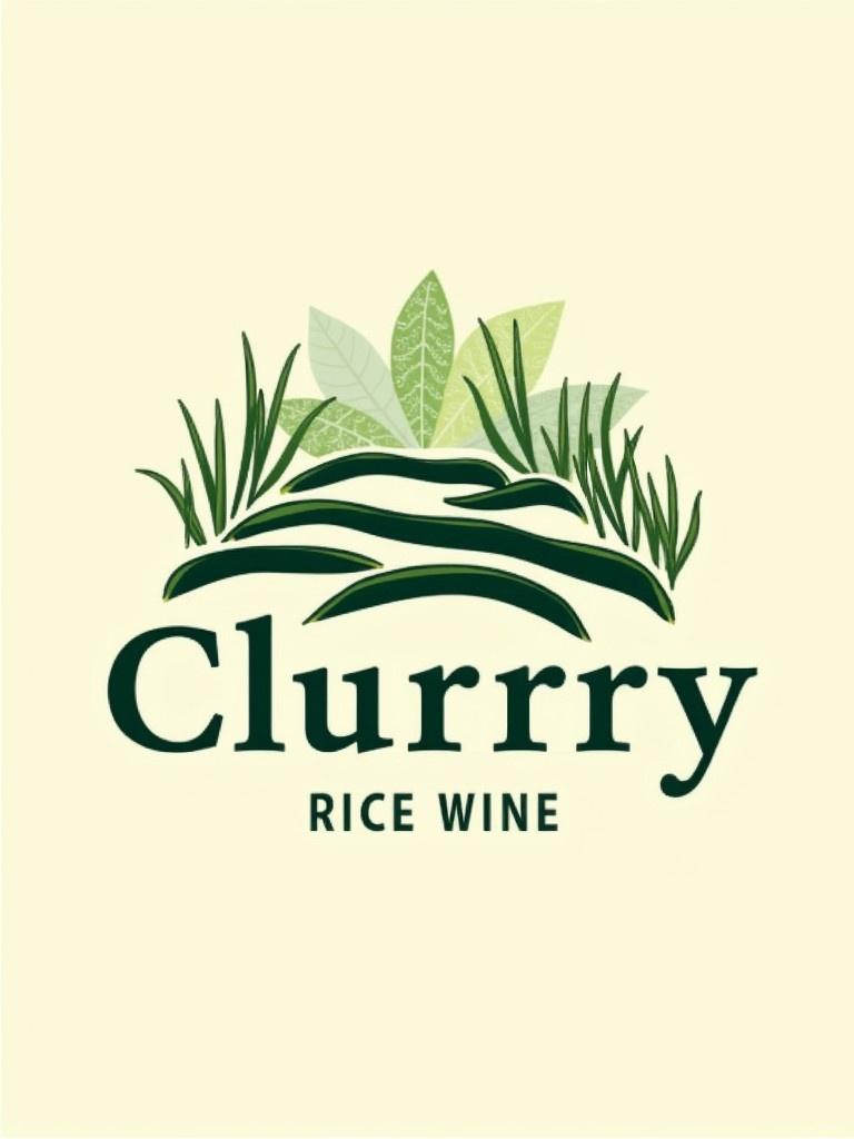 Logo for Clurrry rice wine. Illustration of rice terraces symbolizes rice source. Lush green leaves feature natural ingredients and tradition. Cream background enhances soothing colors. Text styled for artisanal feel in organic beverage market.