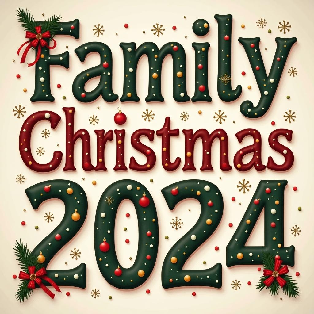 Colorful letters spelling Family Christmas 2024. Decorative design with holiday elements like ornaments and snowflakes. Evokes a festive atmosphere. Focus on making memories together during Christmas celebrations.